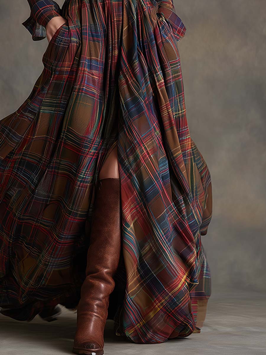 Unity™ | Kariertes Langarm-Maxikleid
