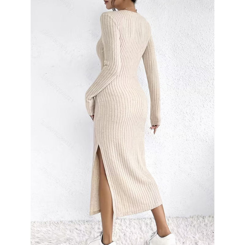 Ribgebreide Midi Jurk met Col voor Dames
