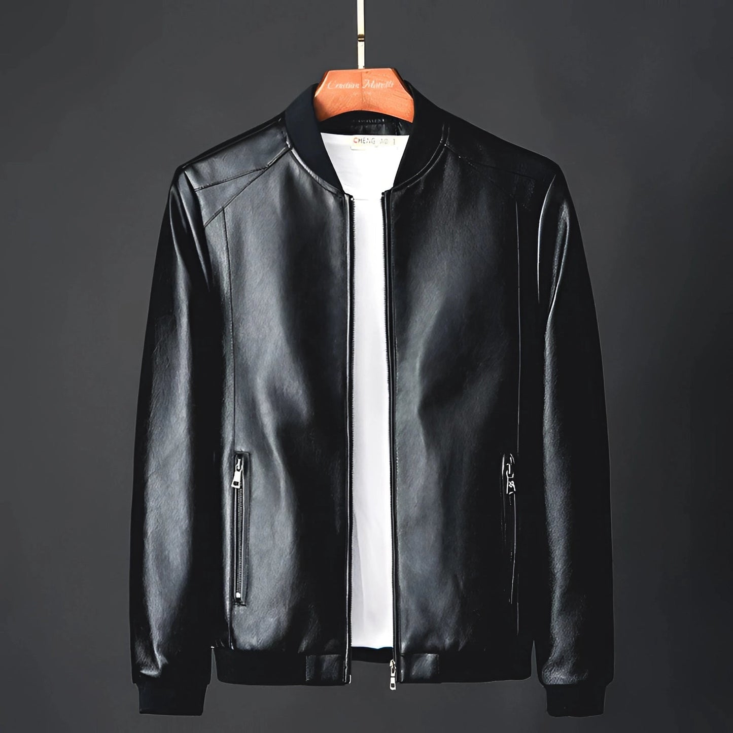 Men's classic black glossy leather jacket featuring a luxurious outerwear design with a structured collar, long sleeves, and button-up front, styled as a sophisticated and versatile piece perfect for formal or casual settings.