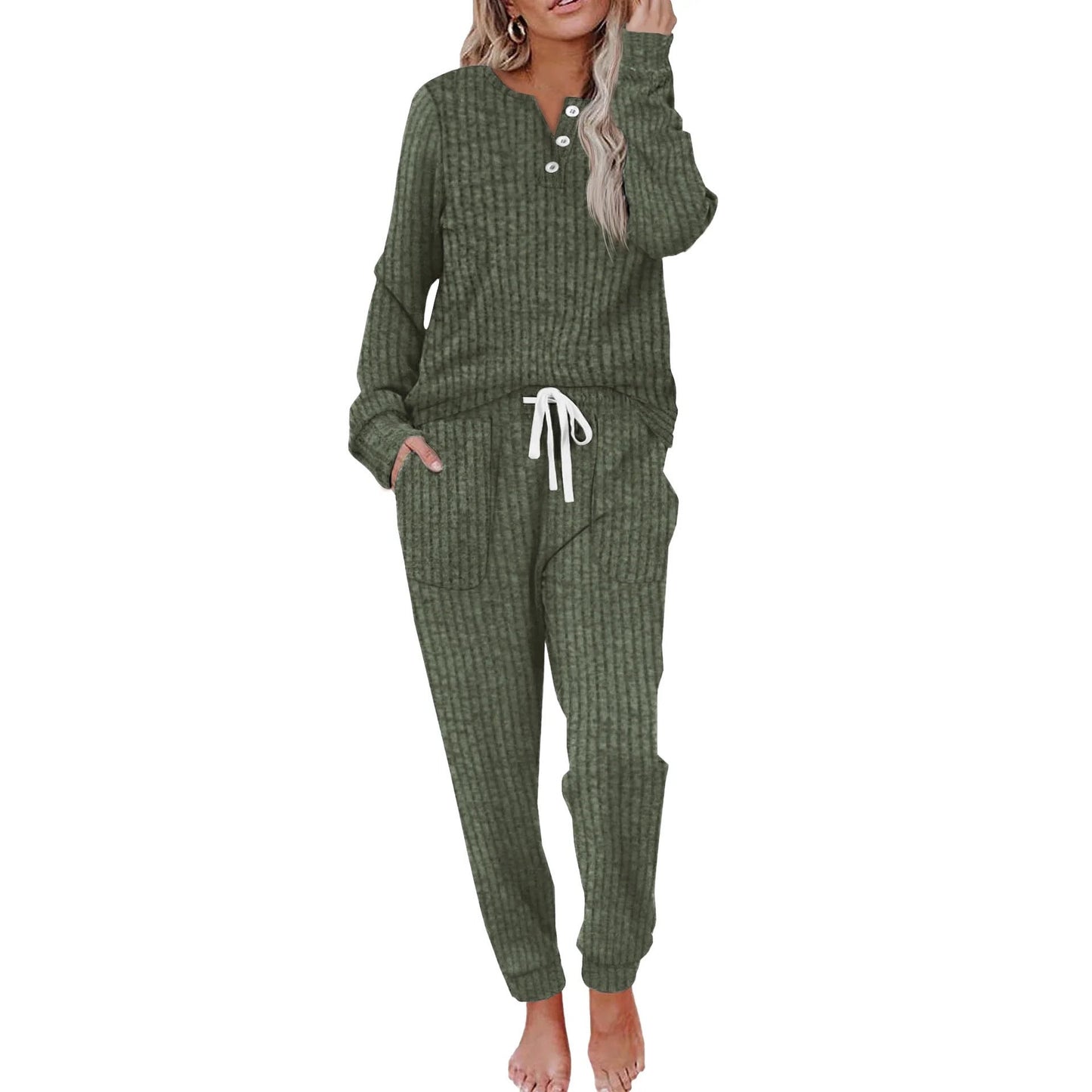 Comfortabel Dames Loungewear Set met Knopen en Zakken