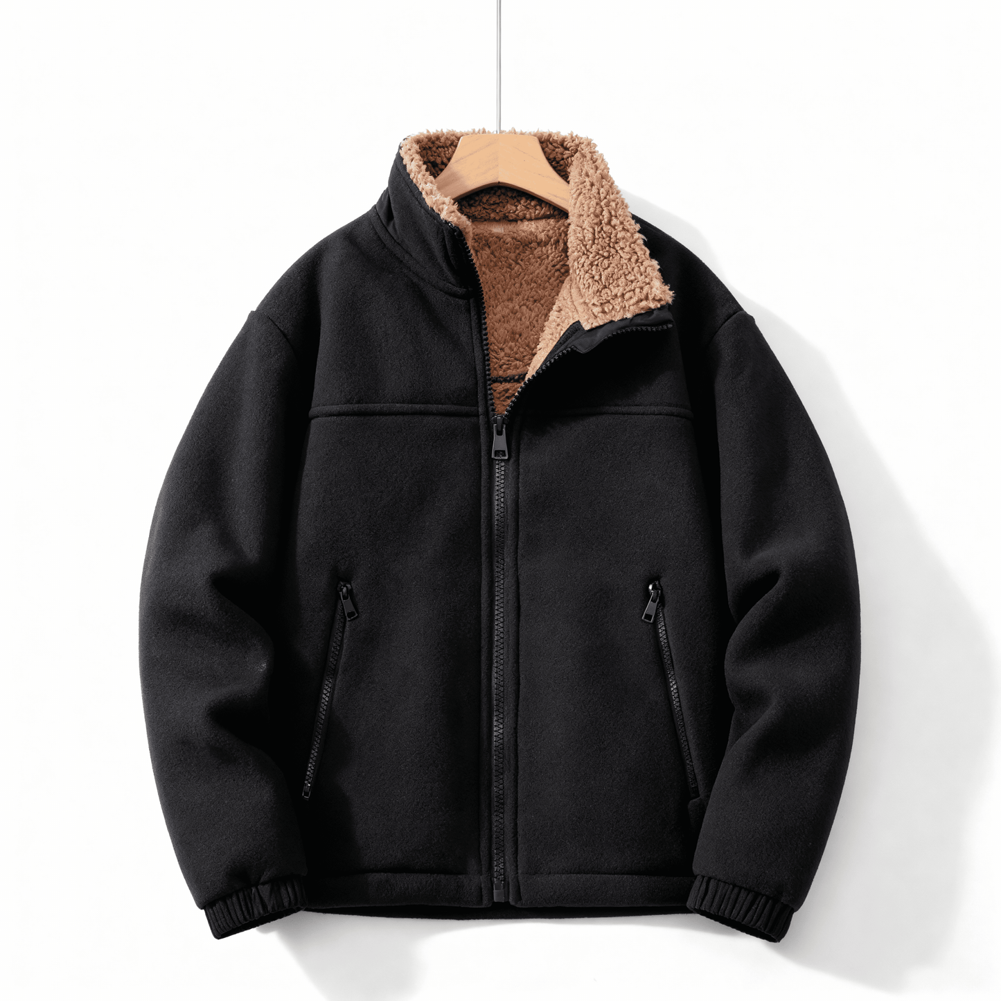 Veste doublée en polaire pour hommes – Veste épaisse à col montant avec fermeture éclair
