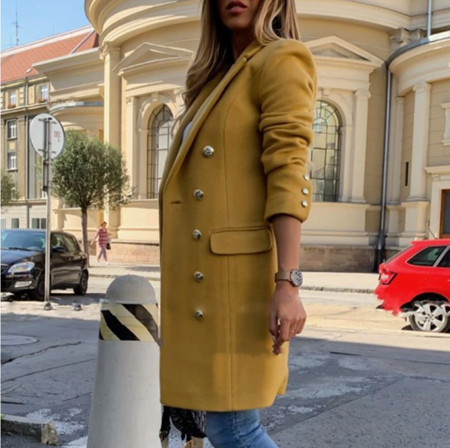 Dubbelrijige Midilange Trenchcoat met Wollook voor Dames
