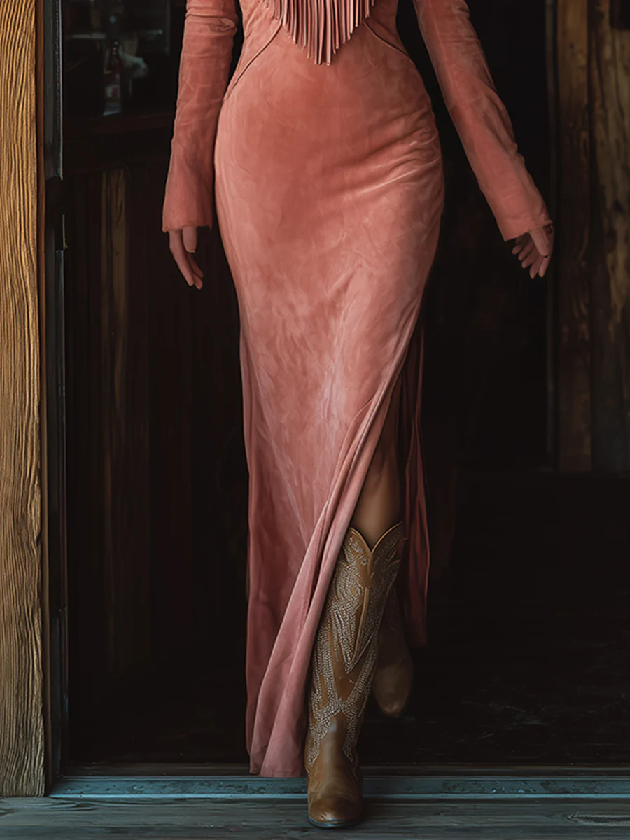 Vintage Western Maxi Dress in Fuchsia Velvet with Fringes and Elegant Embroidered Details