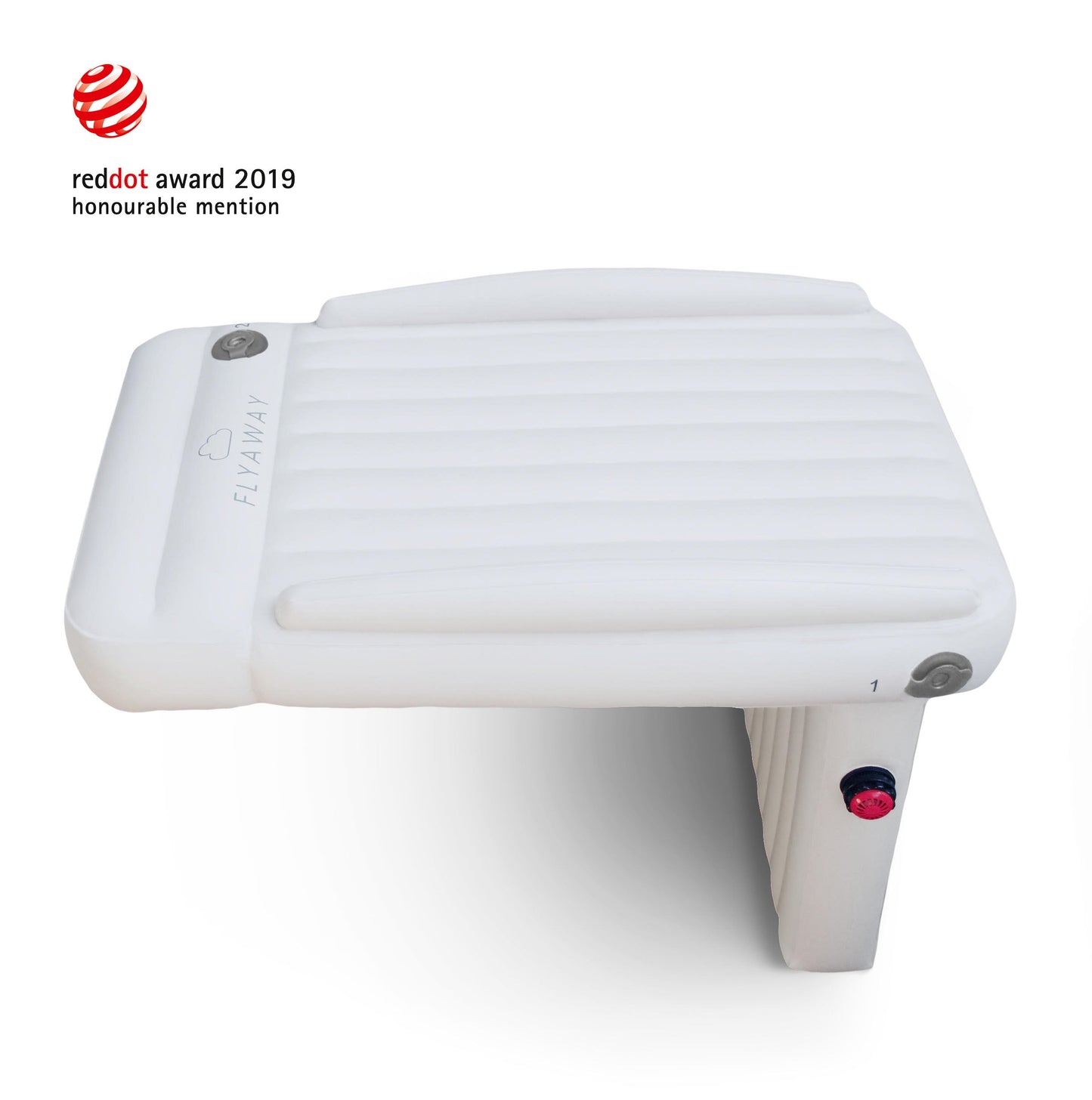 Oppustelig hvid flydeplatform med ribbet overflade, designet til vandsport. Red Dot Award 2019 hædrende omtale. Ideel til afslapning på vandet.