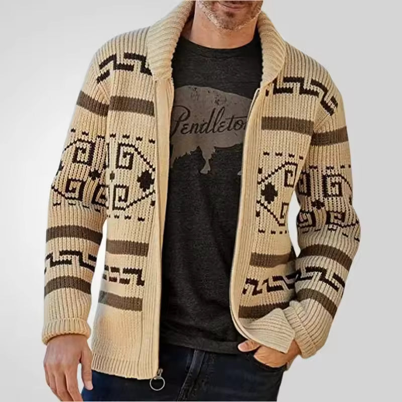 Toby | Knit - Regular Fit – Zip Front – Patterned Sleeves – Shawl Collar