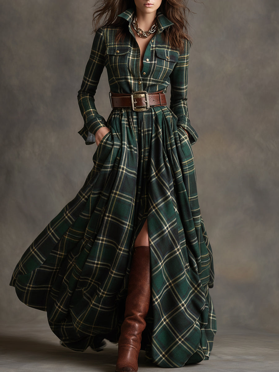 Unity™ | Kariertes Langarm-Maxikleid