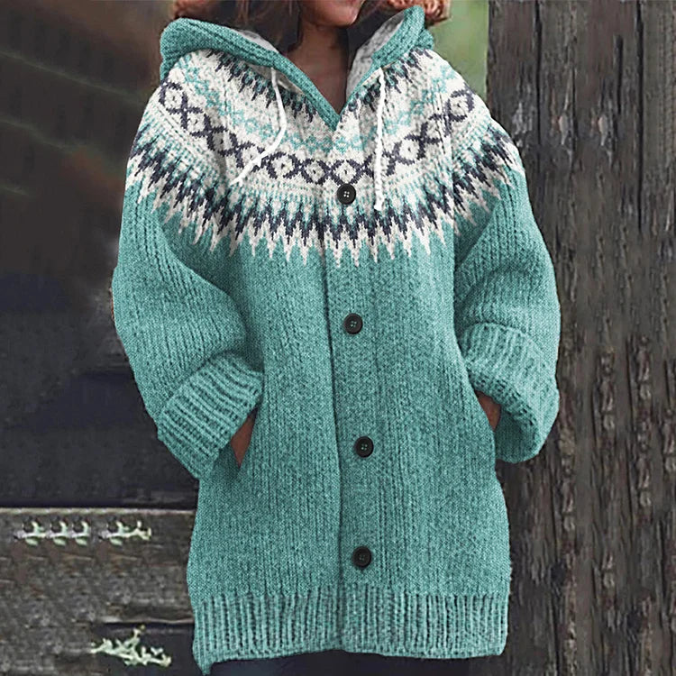 Azlea Gilet à Capuche Femme – Motif Géométrique Multicolore & Boutons Frontaux