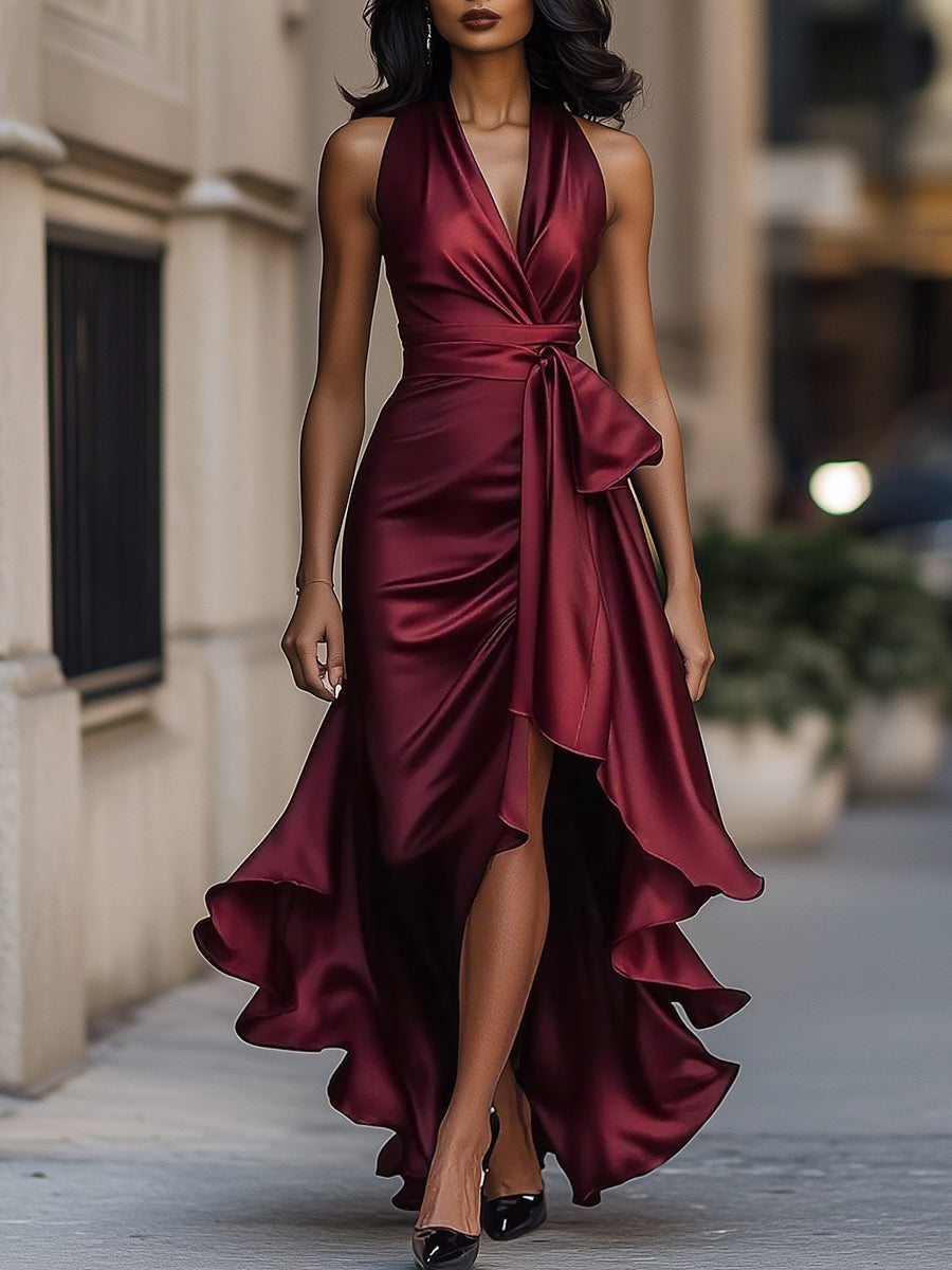 Midnight Elegance Satin-Neckholder-Rüschengown