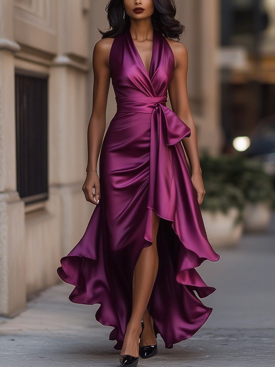 Midnight Elegance Satin-Neckholder-Rüschengown