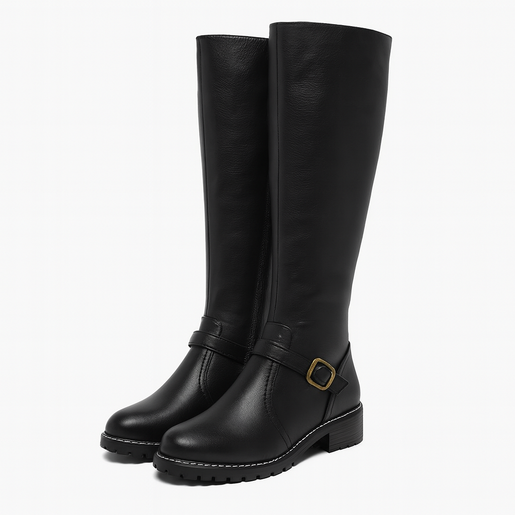 Line | Klassiske knælange støvler til damer | Med spænde detaljer - Sort - shoes - {{ product_tags }