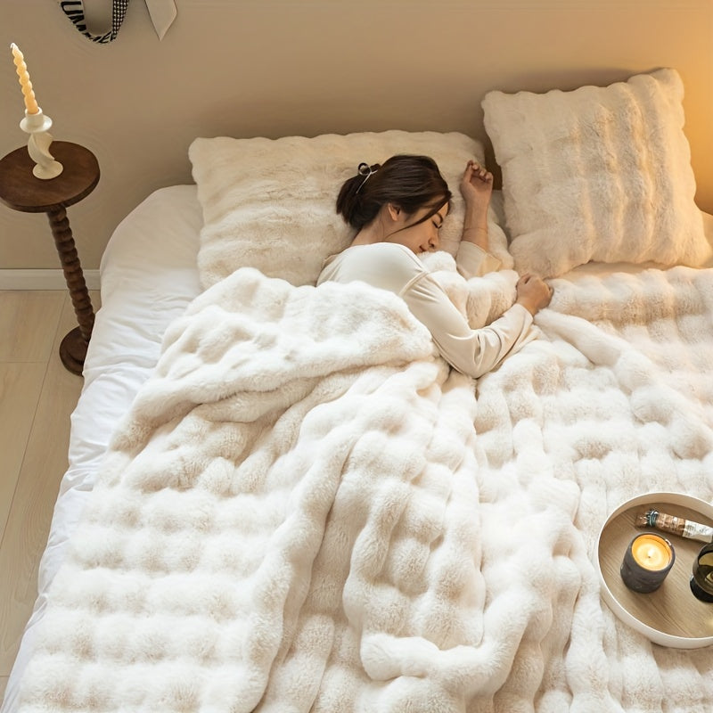 Luxuriöse Faux-Kaninchenfell-Bubble-Fleecedecke – Weiche, dicke Sofadecke