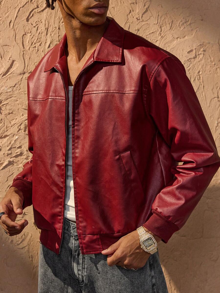 Vince Veste Homme Similicuir Rouge – Veste Zippée Moderne à Épaules Tombantes Style Urbain
