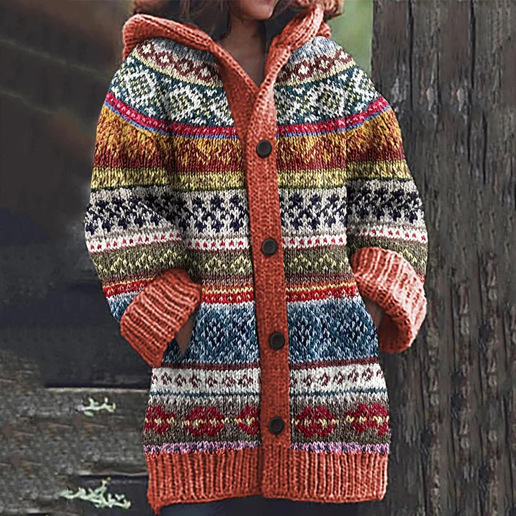 Azlea Gilet à Capuche Femme – Motif Géométrique Multicolore & Boutons Frontaux