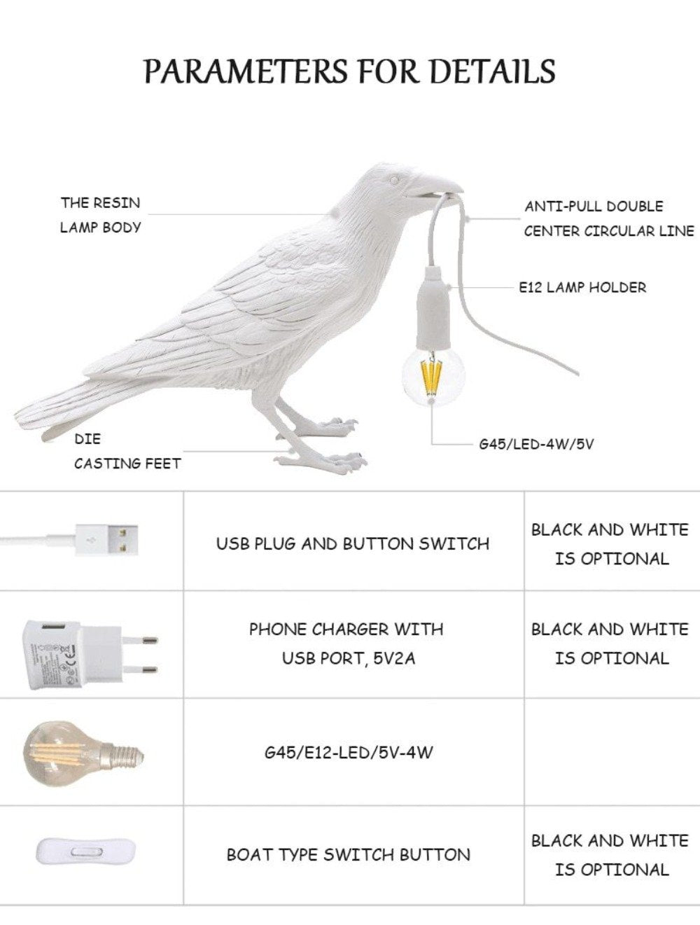 RoyaleGlow Nordic Crow Bird Lamp – Unique Wall & Table LED Light for Stylish Decor