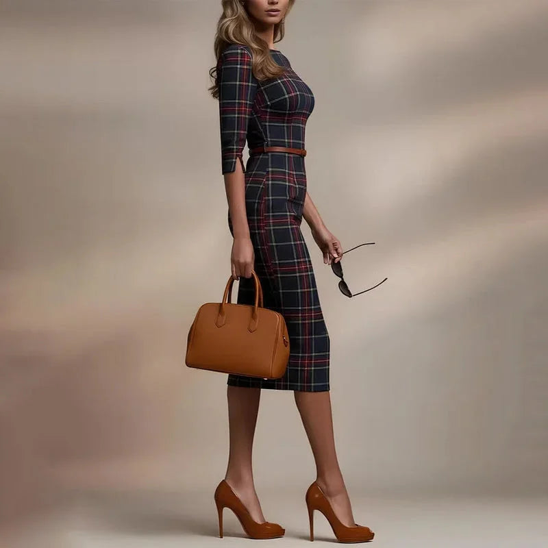 Linari - Elegante Vestido Midi A Cuadros