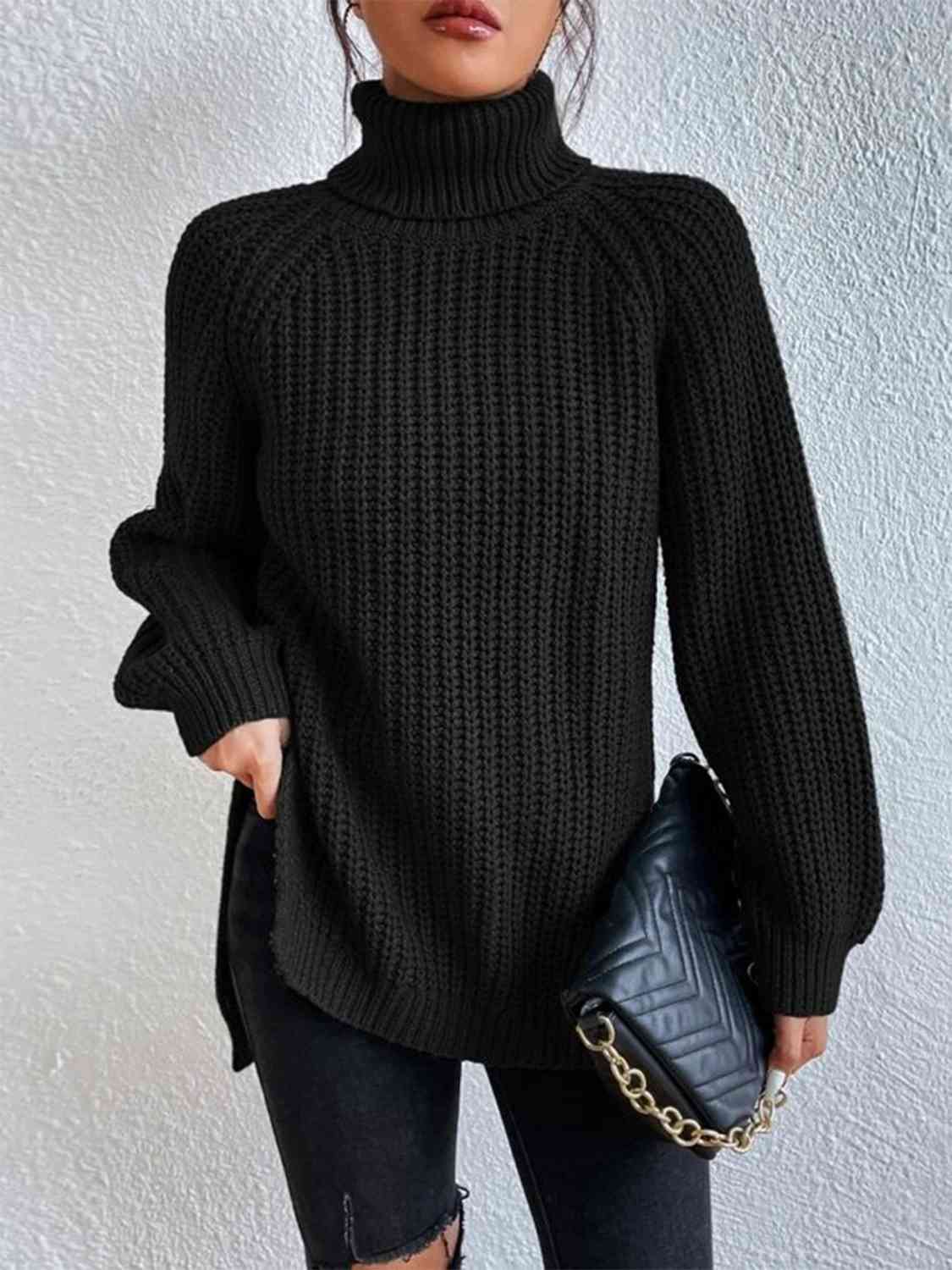 Angela Pull Femme – Pull à Col Roulé Côtelé avec Fente Latérale Chic pour Automne/Hiver Élégant