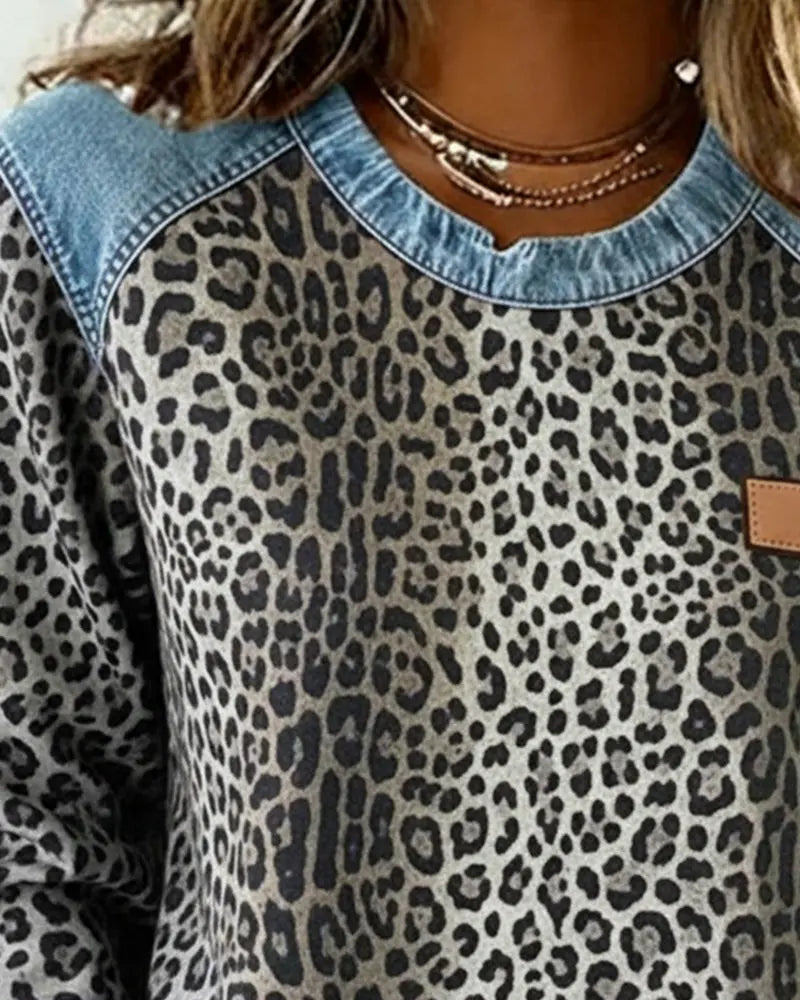 Averelisse - Pull Patchwork Léopard en Jean au Style Décontracté