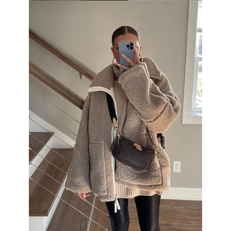Oversized Teddy Fleece Winterjas met Rits