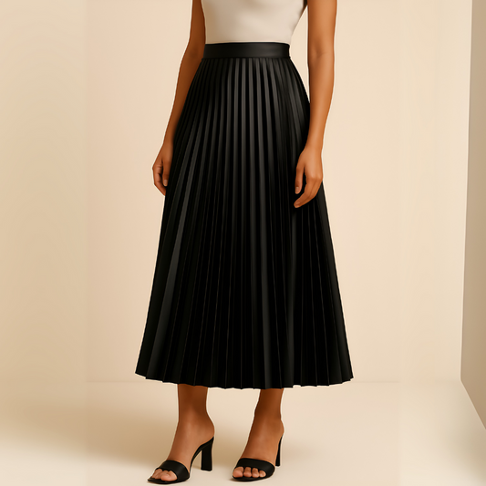 Jupe Mi-Longue Plissée en Satin Élégante pour Femme – Taille Haute Coupe Évasée