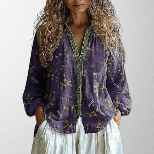 Vintage Leaf Print Blouse Women Cotton Bohemian Button-Up
