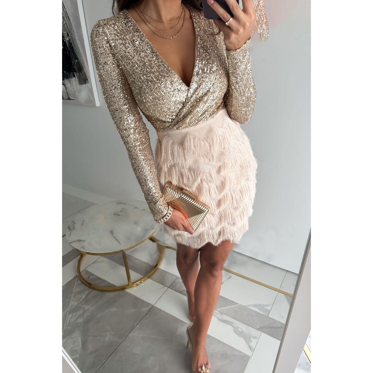 Olivia - Elegant Mini Evening Dress - Glitter - Fringes