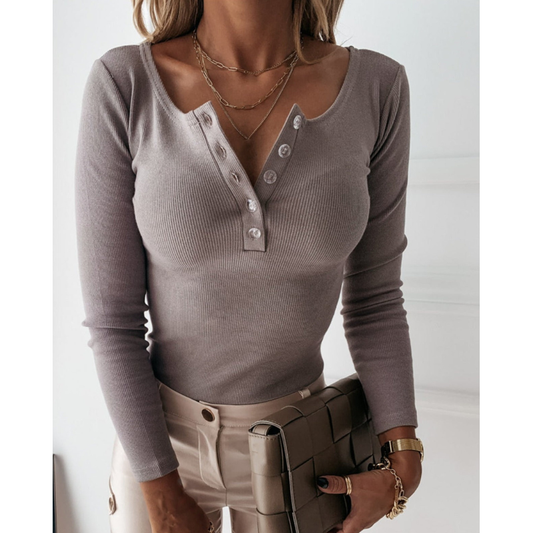 Ribgebreide Longsleeve Top met Knopen