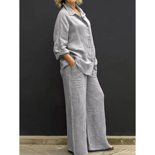 Tweedelig Linnen Set met Blouse en Wijde Broek