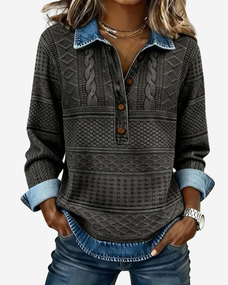 Silvia - Casual Cable Knit with Denim Collar Pullover Shirt