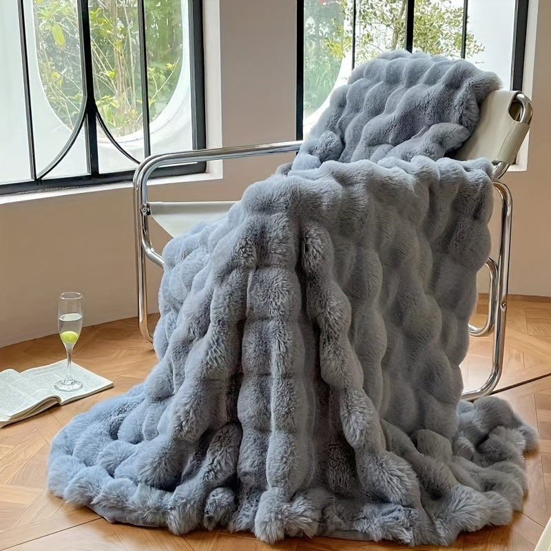 Luxuriöse Faux-Kaninchenfell-Bubble-Fleecedecke – Weiche, dicke Sofadecke