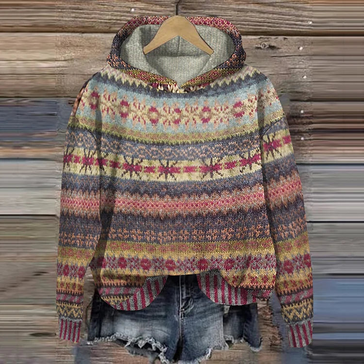 Dames  gedrukt ontwerp met Noors Patroon – Zachte Warme Trui met Capuchon voor Casual en Winterse Stijl