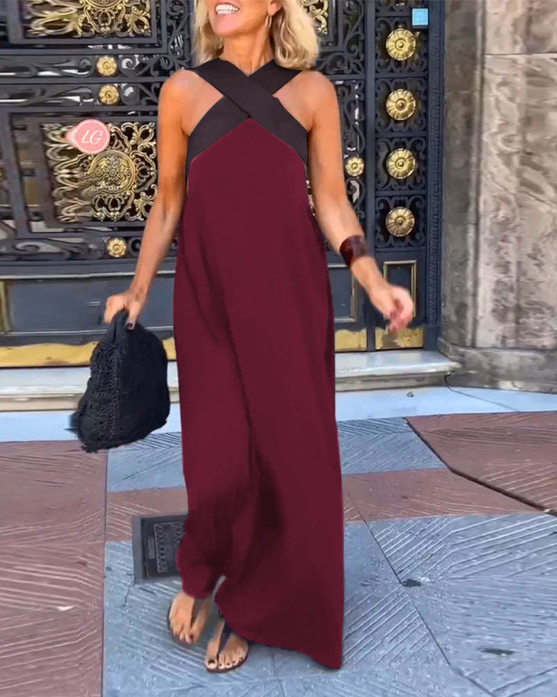 Cross Halter Neck Sleeveless Stitching Dress