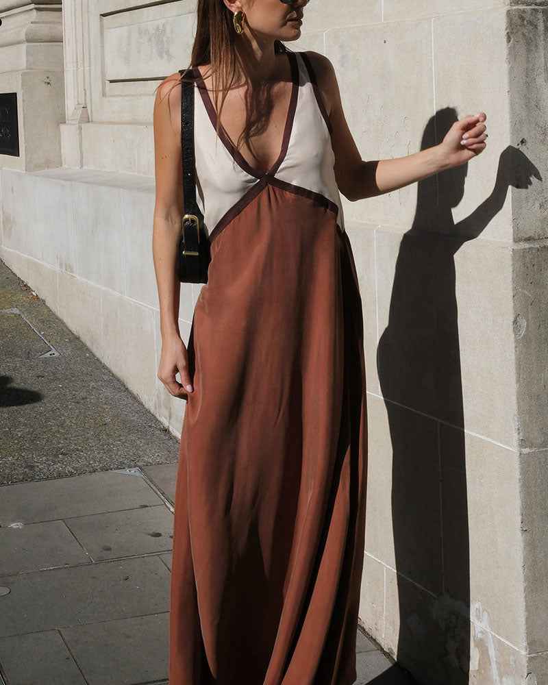 Elegant Chic V-Ausschnitt Kleid mit Kontrastfarben für einen stilvollen Auftritt