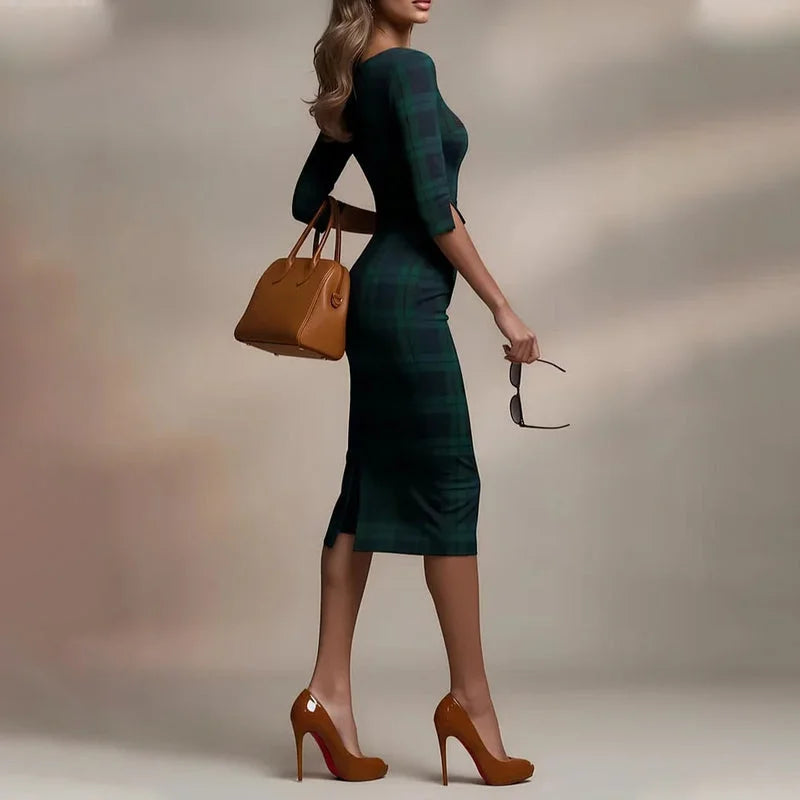 Linari - Elegante Vestido Midi A Cuadros