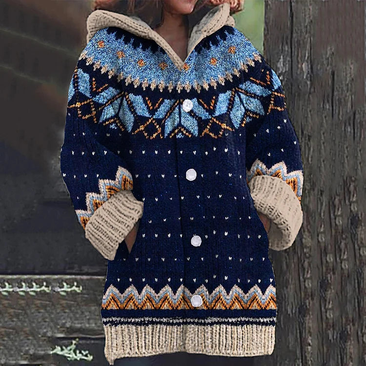 Azlea Gilet à Capuche Femme – Motif Géométrique Multicolore & Boutons Frontaux