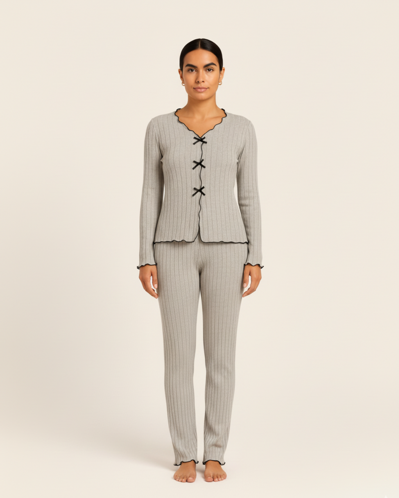 Women’s Cotton Pajama Set – Long Sleeve Top and Full Length Pants with Trim