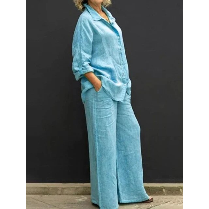 Tweedelig Linnen Set met Blouse en Wijde Broek