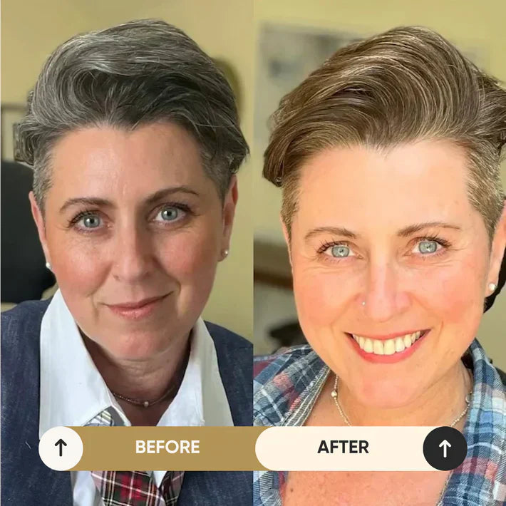 Før og efter billede af kvinde med kort hår, viser transformation med moderne frisure. Frisør, hårstyling, makeover, kvindelig skønhed.