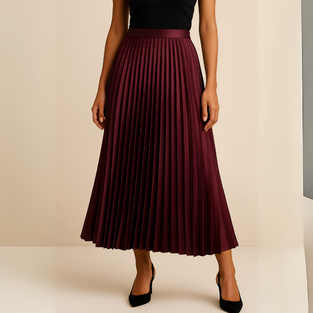 Jupe Mi-Longue Plissée en Satin Élégante pour Femme – Taille Haute Coupe Évasée