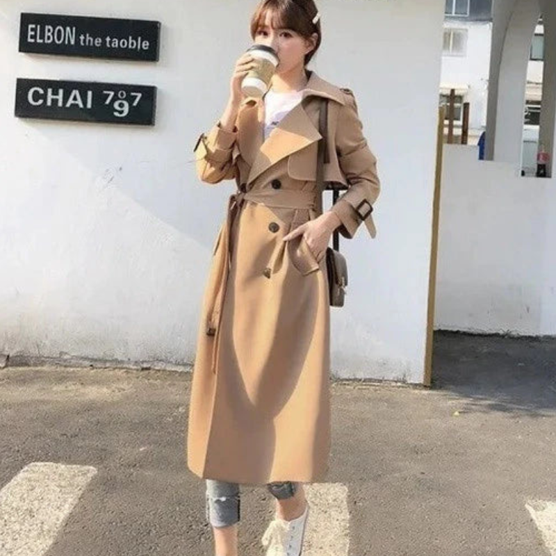 Junia – Trench Coat Long avec Ceinture et Longues Manches
