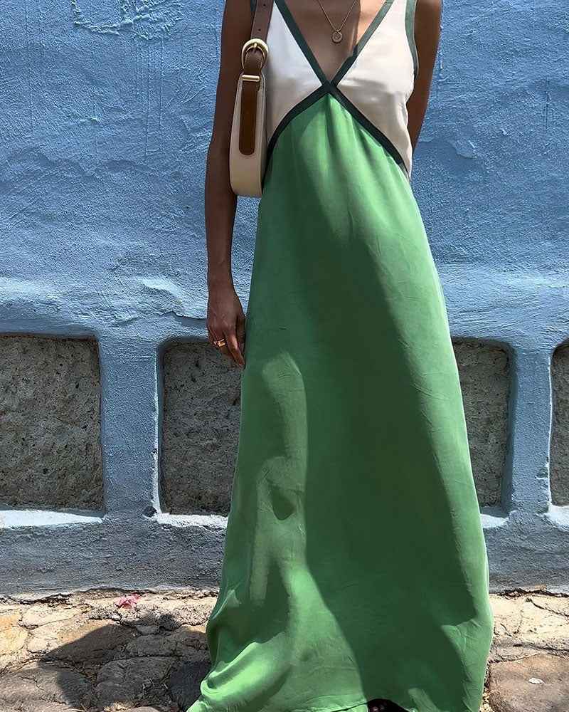 Elegant Chic V-Ausschnitt Kleid mit Kontrastfarben für einen stilvollen Auftritt