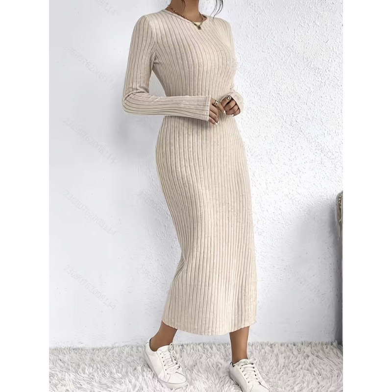 Ribgebreide Midi Jurk met Col voor Dames