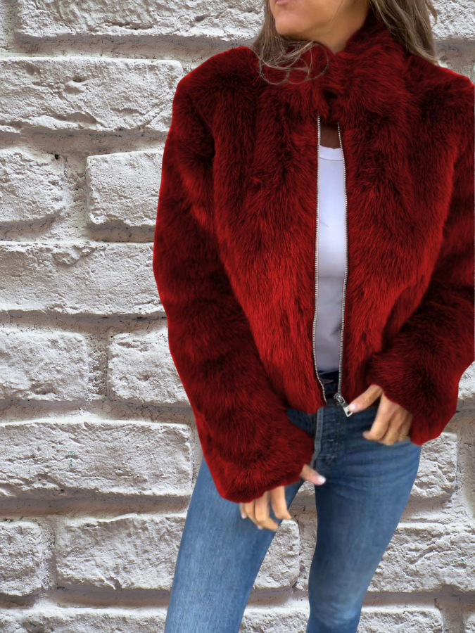 Hiya Veste courte en fausse fourrure pour femme – Manteau chic à fermeture zippée avec détails en fourrure & coupe chaude et confortable