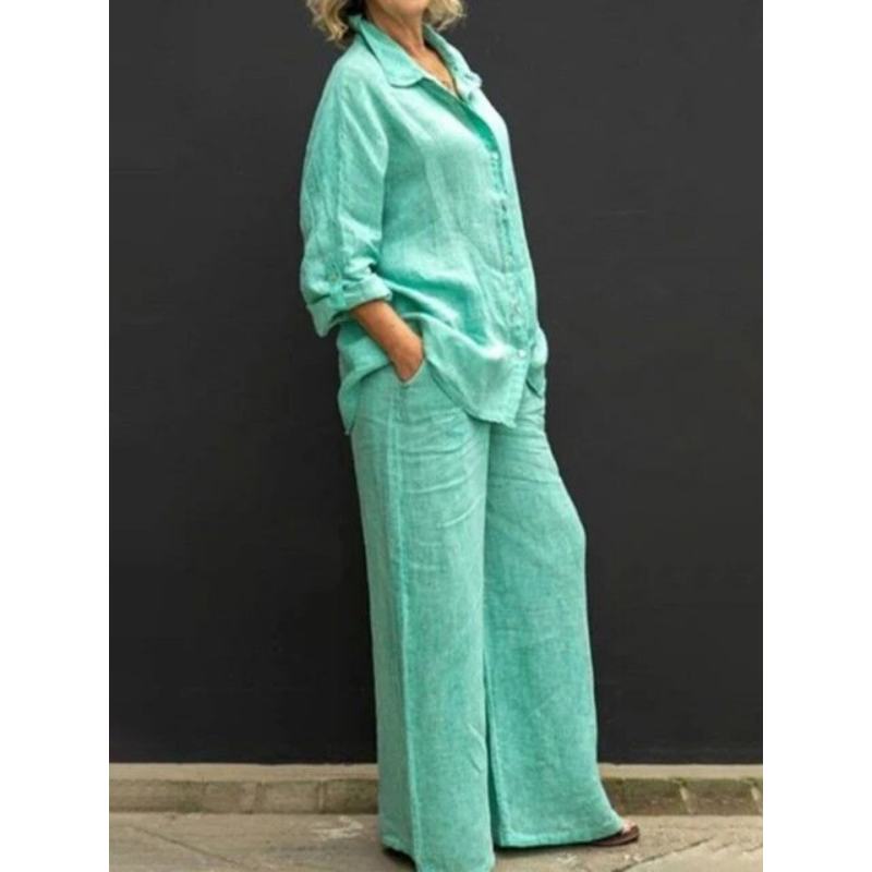 Tweedelig Linnen Set met Blouse en Wijde Broek