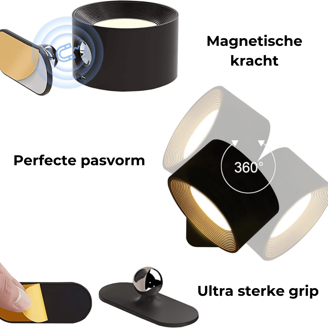LumaSphere Draadloze Wandlamp – USB-Oplaadbaar, 360° Draaibaar & Touch Bediening LED Verlichting