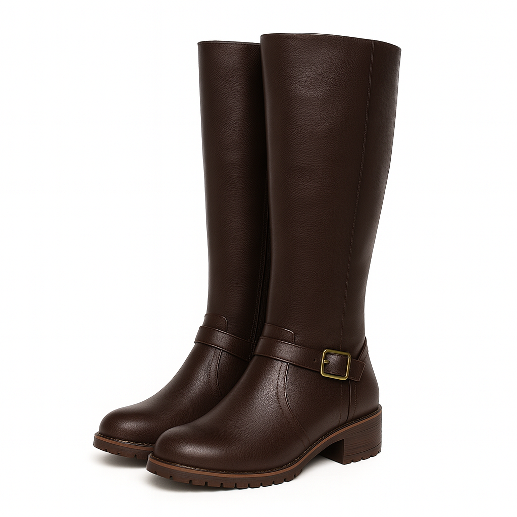 Line | Klassiske knælange støvler til damer | Med spænde detaljer - Mørkebrunt - shoes - {{ product_tags }