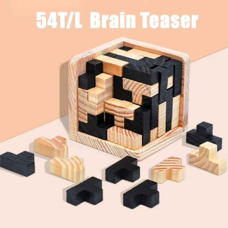 54 Teile eines kniffligen Holzpuzzles