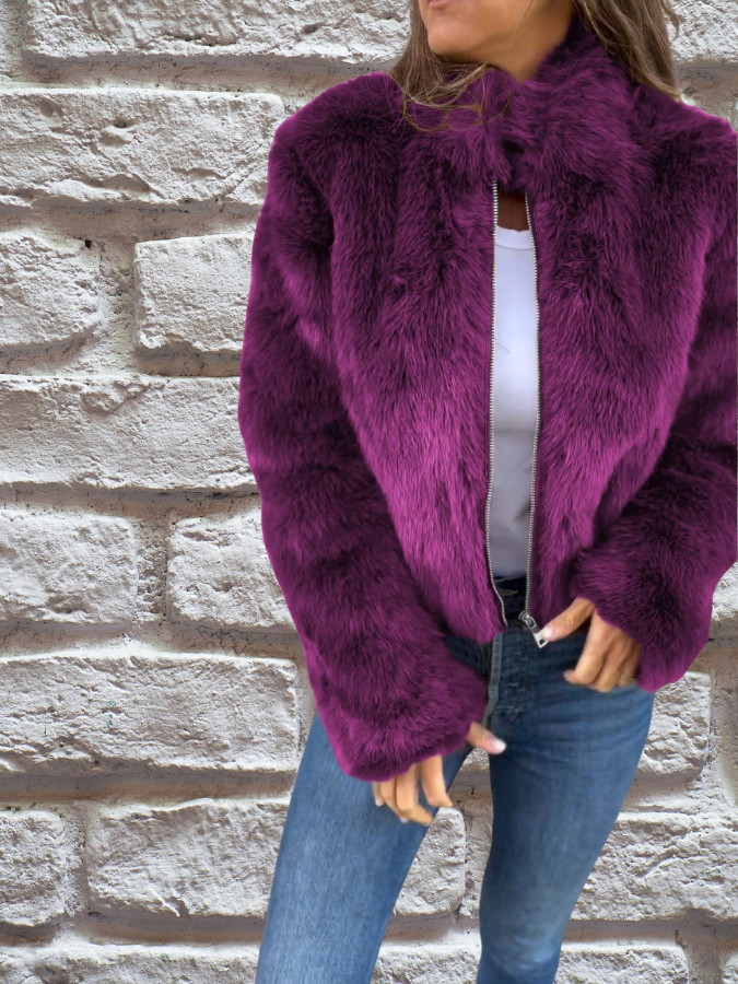 Hiya Veste courte en fausse fourrure pour femme – Manteau chic à fermeture zippée avec détails en fourrure & coupe chaude et confortable