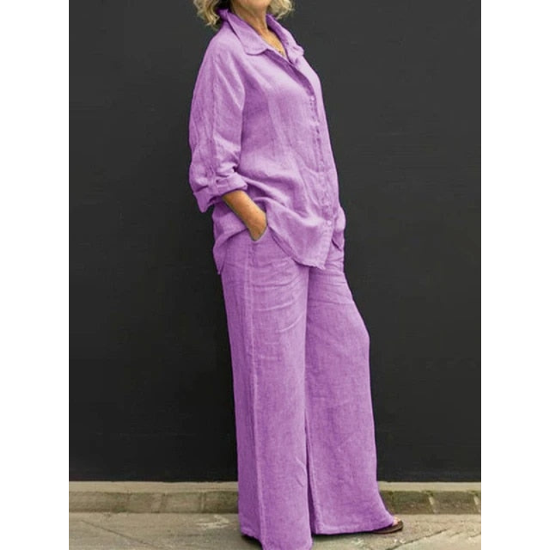 Tweedelig Linnen Set met Blouse en Wijde Broek