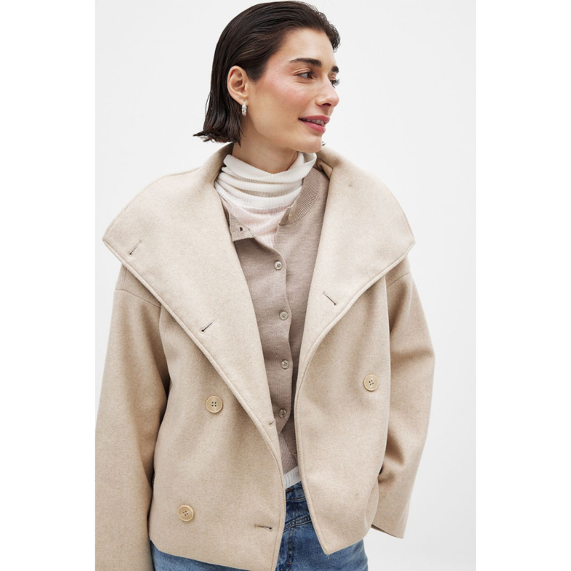 Dubbelknoop Damesmantel van Wolmix – Kort & Elegant