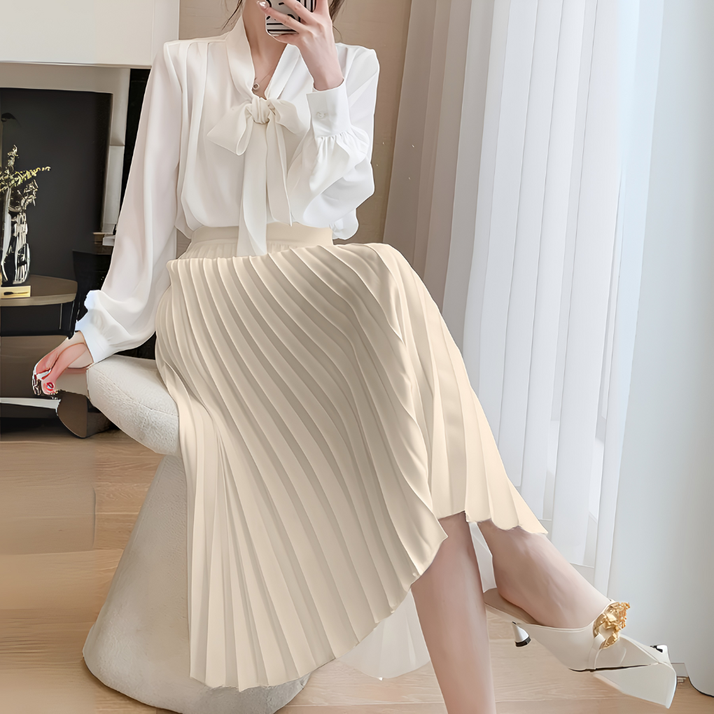 Jupe Mi-Longue Plissée en Satin Élégante pour Femme – Taille Haute Coupe Évasée